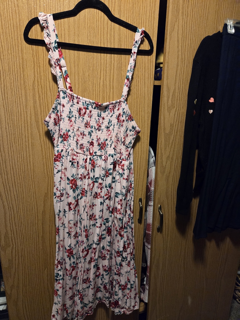 torrid Pink Floral Midi Dress with Red & Green Print